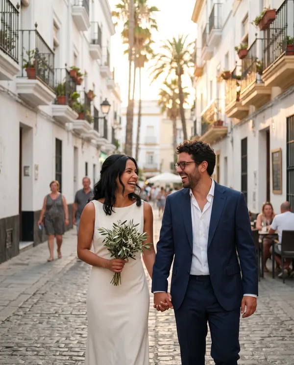 Recién casados riendo en una calle blanca del casco antiguo