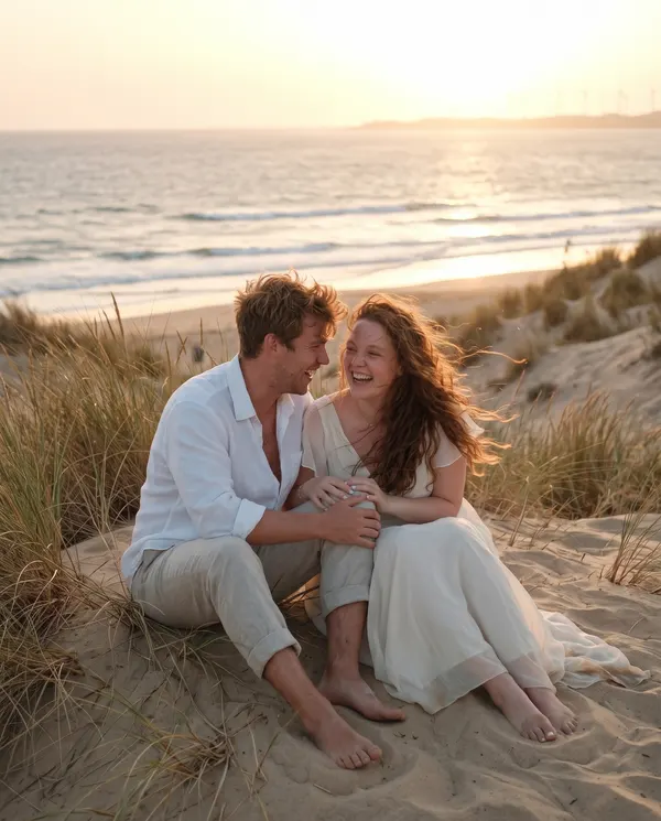 Pareja riendo en las dunas al atardecer