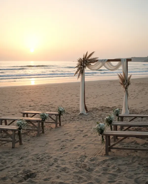 Ceremonia en la playa con arco de madera en la hora dorada