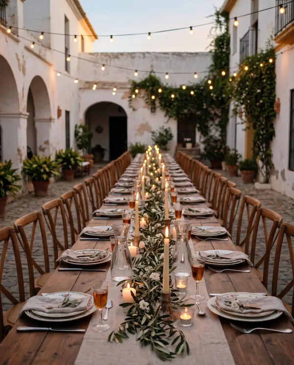 Mesa larga de boda en el patio de un cortijo