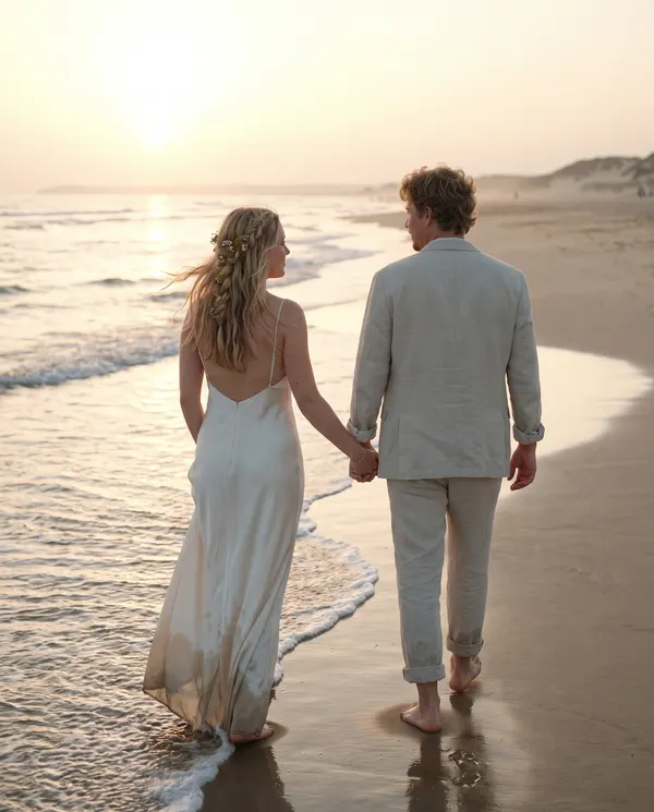 Novios caminando descalzos por la orilla al atardecer