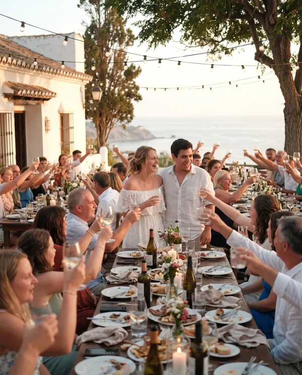 Invitados de boda brindando en una terraza junto al mar